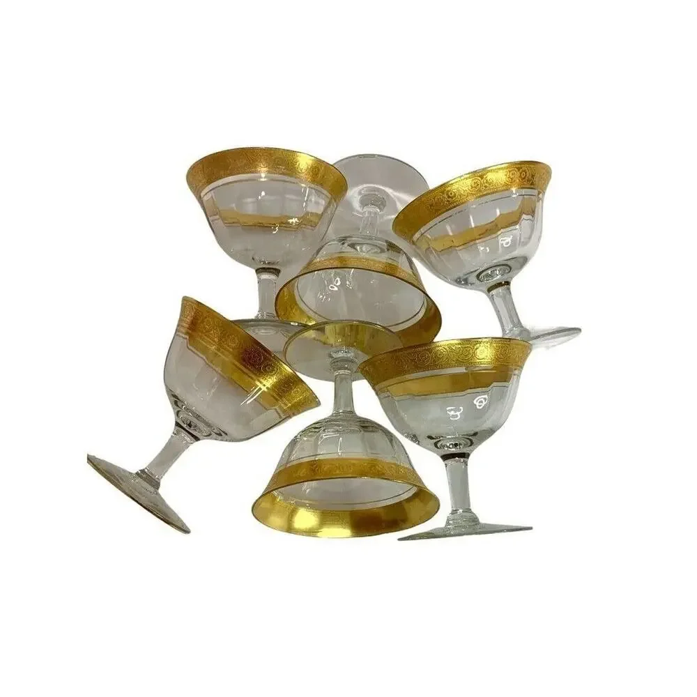 Vintage Gold Rim Floral Crystal Set of 6 Low Sherbet Glasses 3.75" h Stemmed - Picture 4 of 7